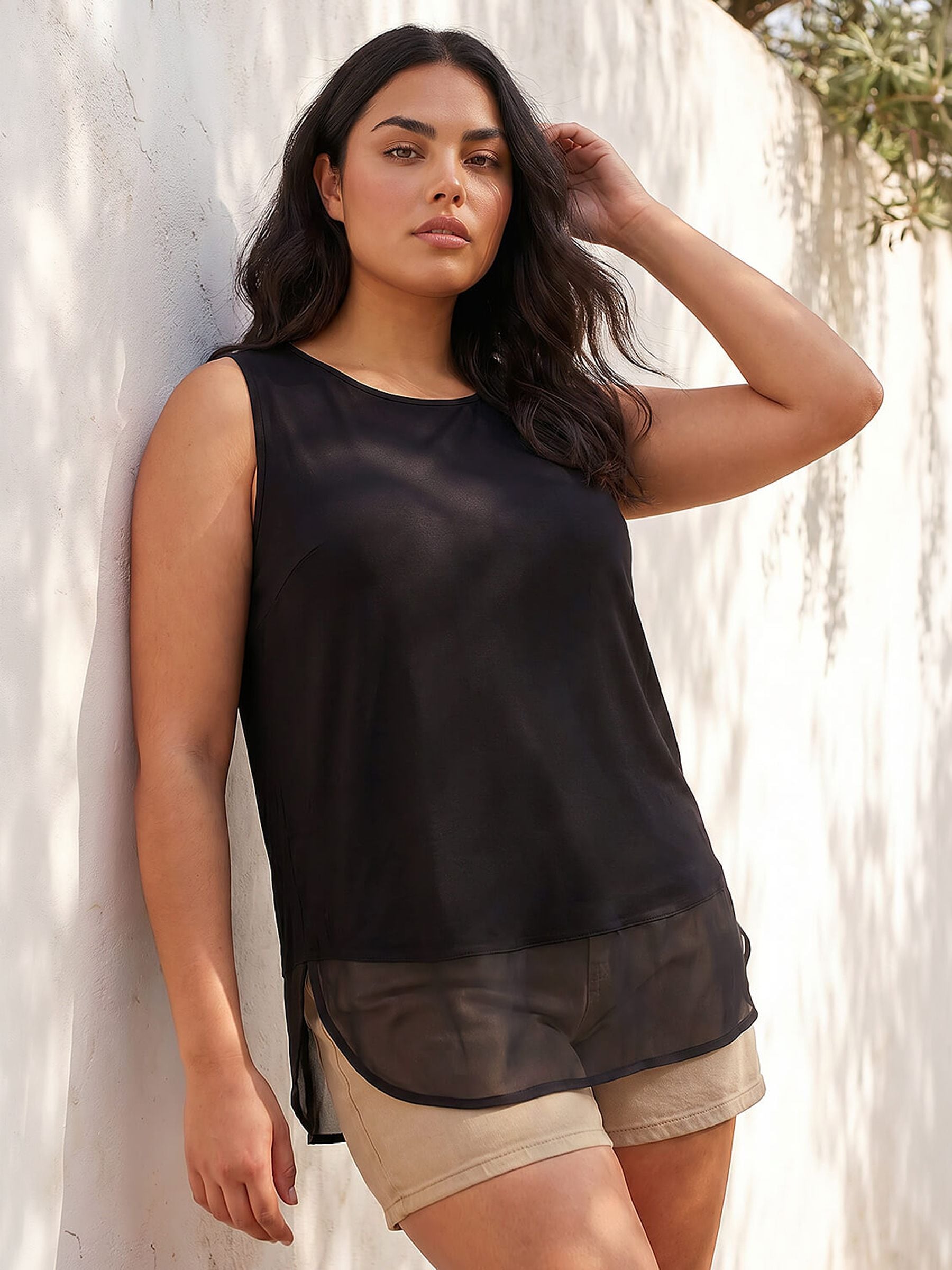 Roman Women's Black Curve Chiffon Hem Stretch Vest Top