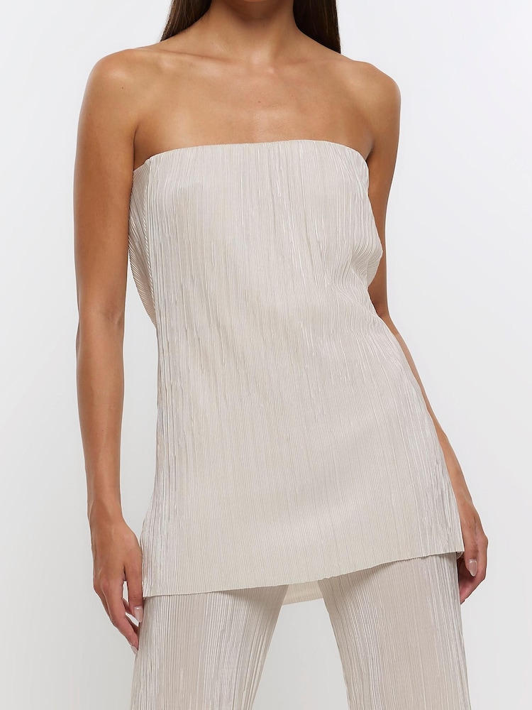 River Island Cream Cowl Back Plisse Bandeau Top - Image 1 of 6