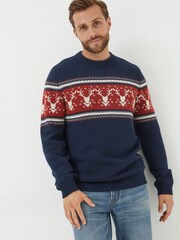 FatFace Blue Reindeer Crew Neck Jumper - Image 1 of 6