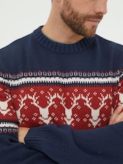 FatFace Blue Reindeer Crew Neck Jumper - Image 5 of 6