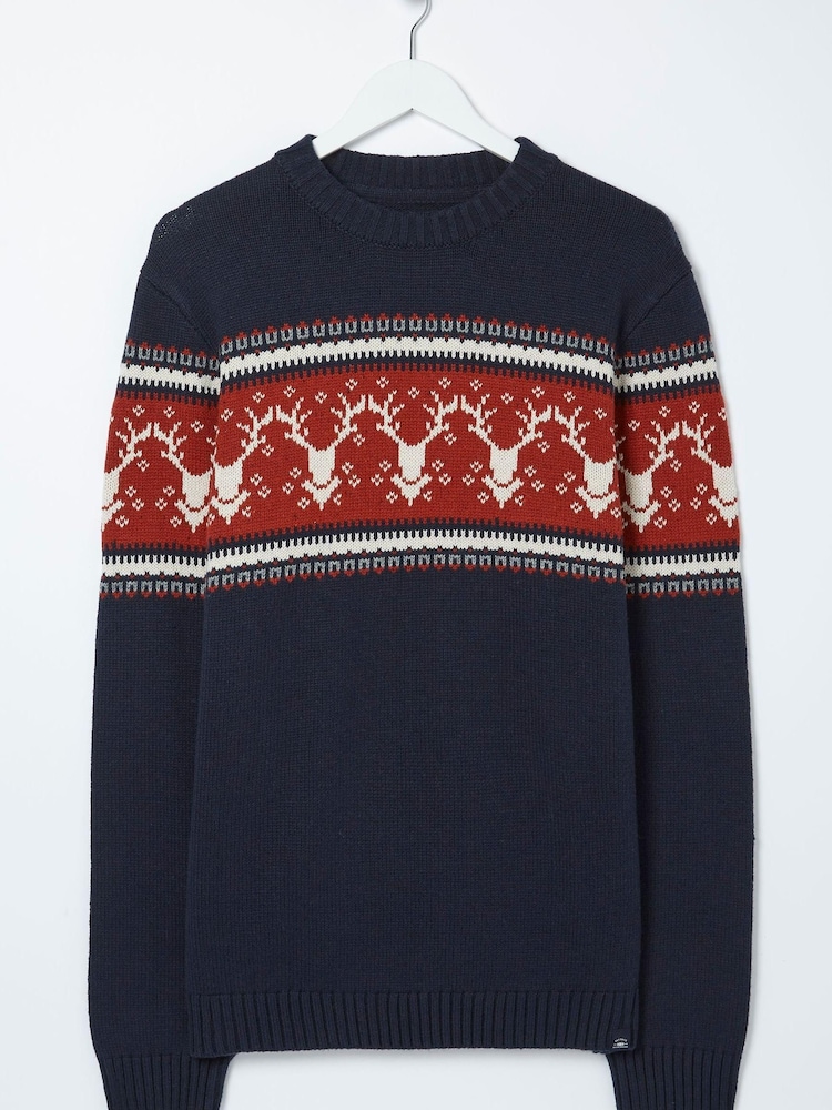 FatFace Blue Reindeer Crew Neck Jumper - Image 6 of 6