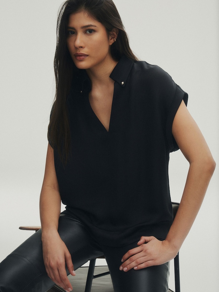 Black Premium Short Sleeve V-Neck Blouse - Image 1 of 7