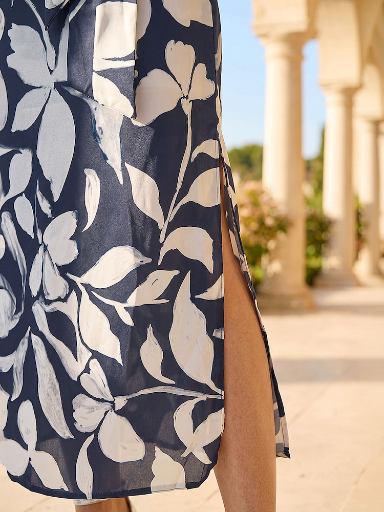 Roman Blue Floral Print Side Tie Crepe Dress - Image 4 of 4 Roman Blue Floral Print Side Tie Crepe Dress - Image 4 of 4