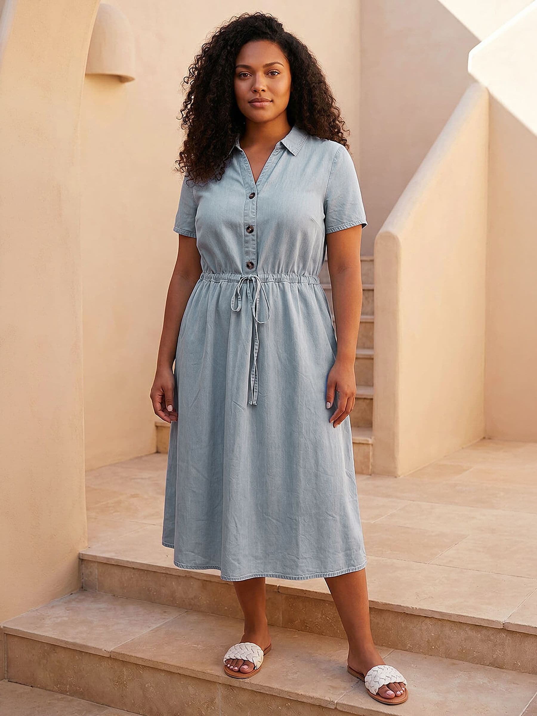 Roman Women's Blue Curve Tie Waist Shirt Dress