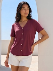 Roman Purple Petite V-Neck Buttoned Top - Image 1 of 4