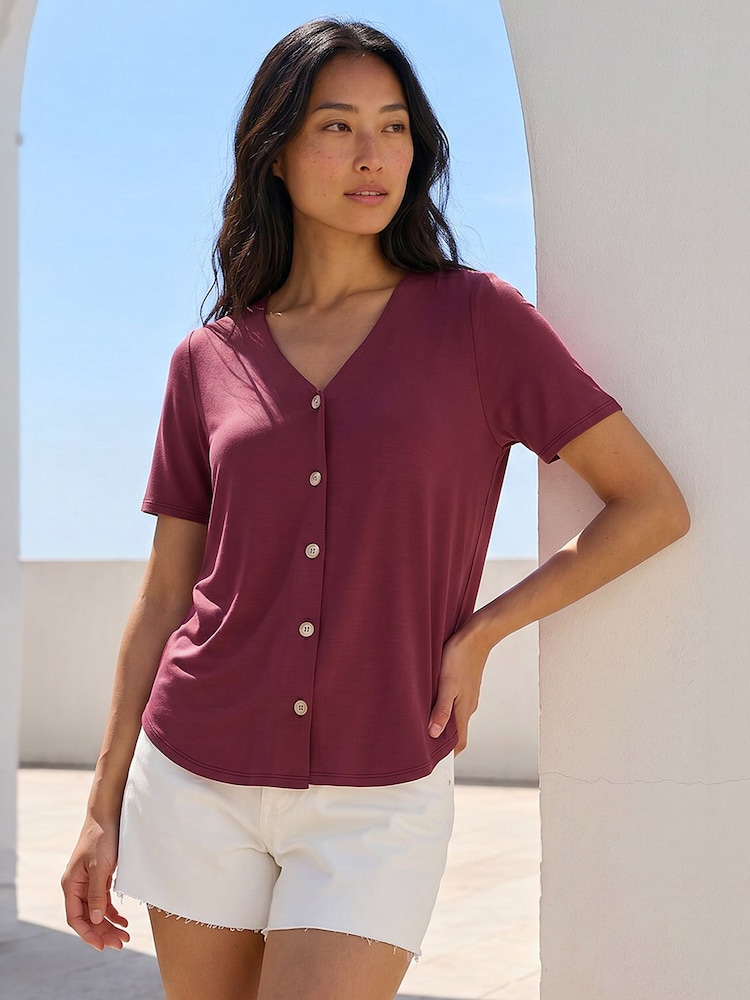 Roman Purple Petite V-Neck Buttoned Top - Image 1 of 4 Roman Purple Petite V-Neck Buttoned Top - Image 1 of 4