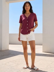 Roman Purple Petite V-Neck Buttoned Top - Image 2 of 4