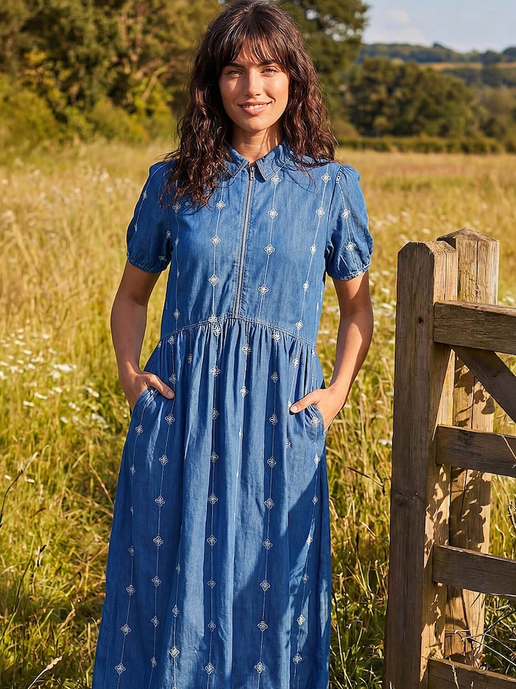 Roman Blue Embroidered Zip Detail Dress - Image 1 of 4