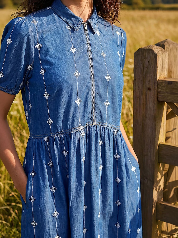 Roman Blue Embroidered Zip Detail Dress - Image 4 of 4
