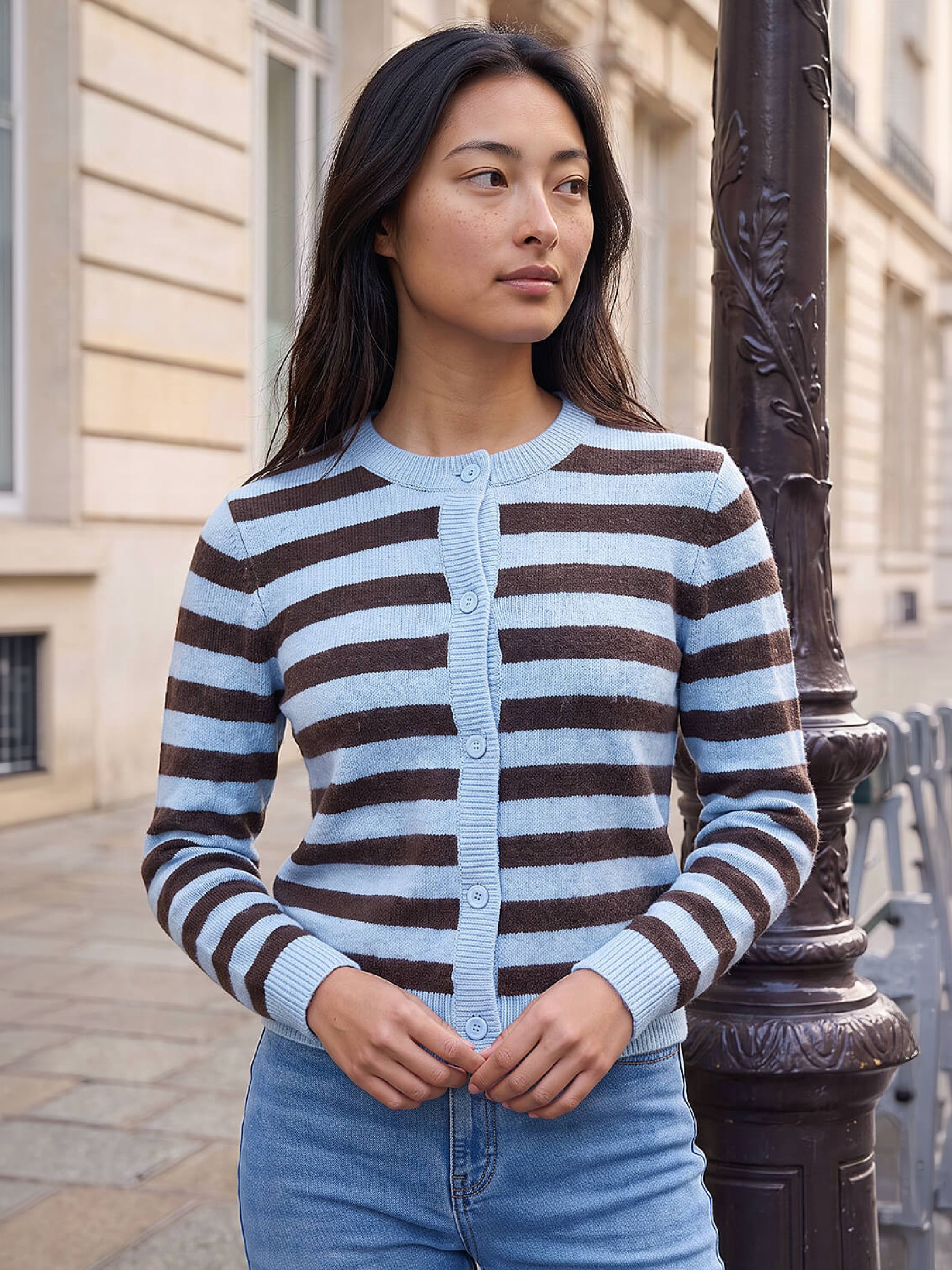 Roman Chocolate Petite Stripe Buttoned Cardigan - Image 3