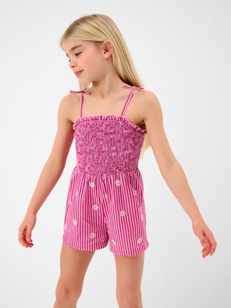 Angels By Accessorize Pink Girls Stripe Daisy Embroidered Playsuit - Image 1 of 3