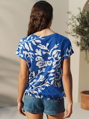 Blue/White Print V-Neck 100% Cotton Bubble Hem Top - Image 2 of 6