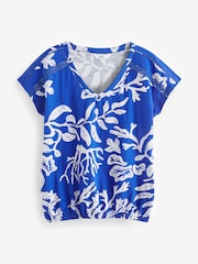 Blue/White Print V-Neck 100% Cotton Bubble Hem Top - Image 5 of 6