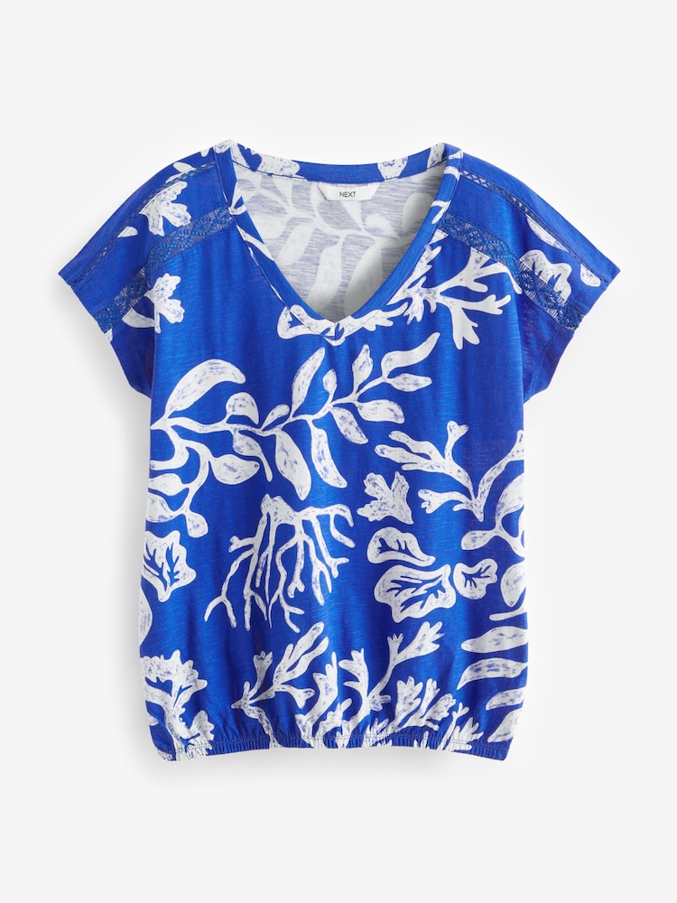 Buy Blue/White Print V-Neck 100% Cotton Bubble Hem Top from the