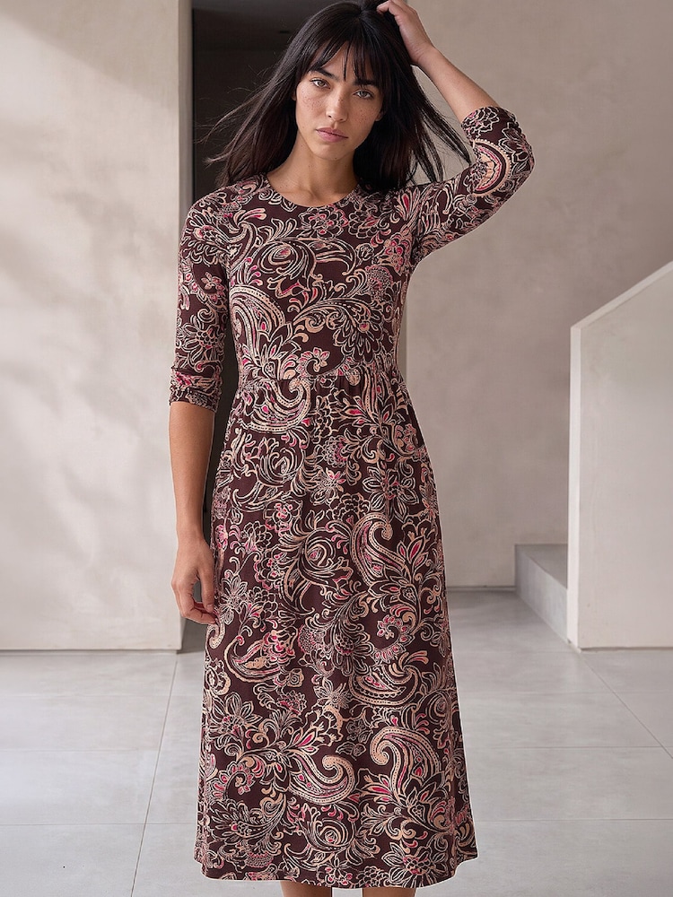Roman Brown Petite Floral Midi Dress - Image 1 of 4 Roman Brown Petite Floral Midi Dress - Image 1 of 4
