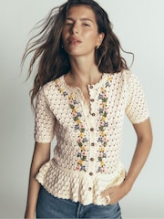 Boden Cream Embroidered Pointelle Cardigan - Image 1 of 7