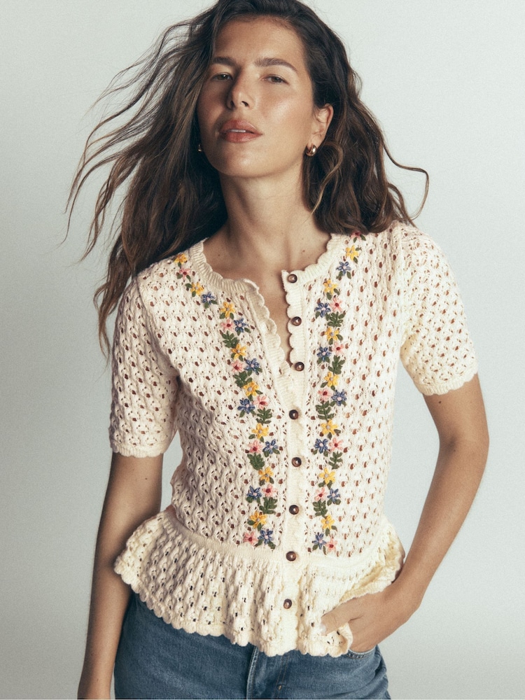 Boden Cream Embroidered Pointelle Cardigan - Image 1 of 7 Boden Cream Embroidered Pointelle Cardigan - Image 1 of 7