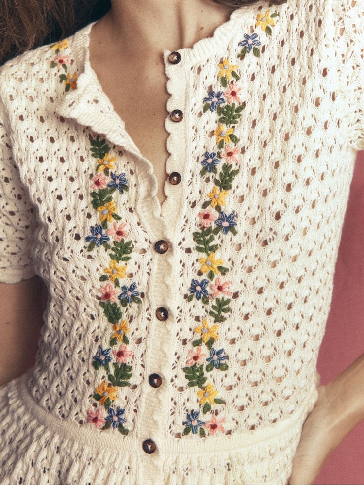 Boden Cream Embroidered Pointelle Cardigan - Image 2 of 7 Boden Cream Embroidered Pointelle Cardigan - Image 2 of 7