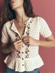Boden Cream Embroidered Pointelle Cardigan - Image 5 of 7