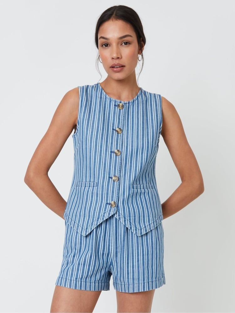 Threadbare Blue Crew Neck Denim Waistcoat - Image 1 of 4 Threadbare Blue Crew Neck Denim Waistcoat - Image 1 of 4