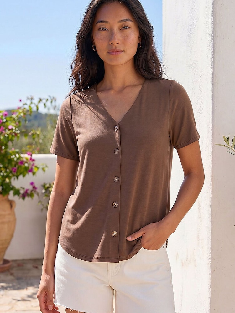 Roman Brown Petite V-Neck Buttoned Top - Image 1 of 4 Roman Brown Petite V-Neck Buttoned Top - Image 1 of 4
