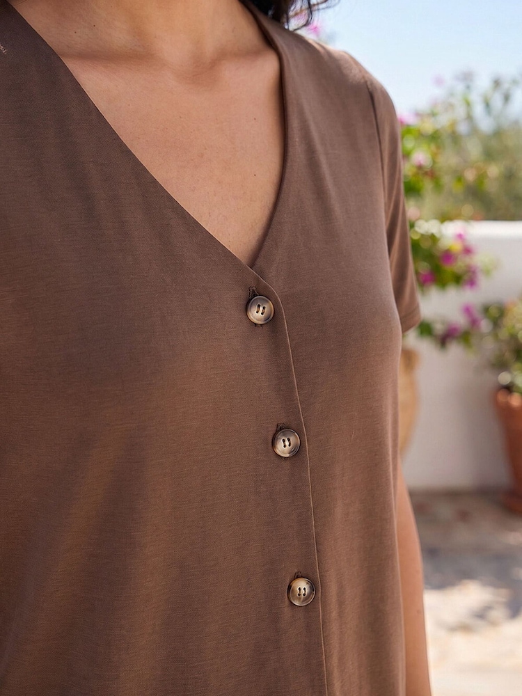 Roman Brown Petite V-Neck Buttoned Top - Image 4 of 4 Roman Brown Petite V-Neck Buttoned Top - Image 4 of 4