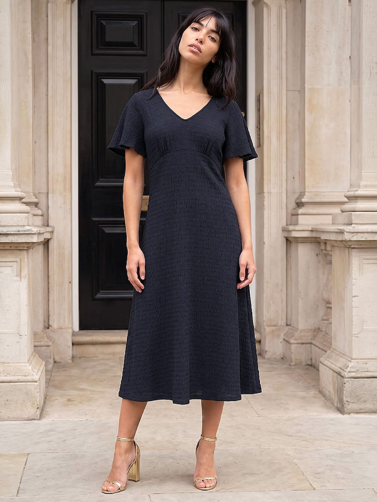 Roman Blue Petite V-Neck Fit & Flare Dress - Image 2 of 4 Roman Blue Petite V-Neck Fit & Flare Dress - Image 2 of 4