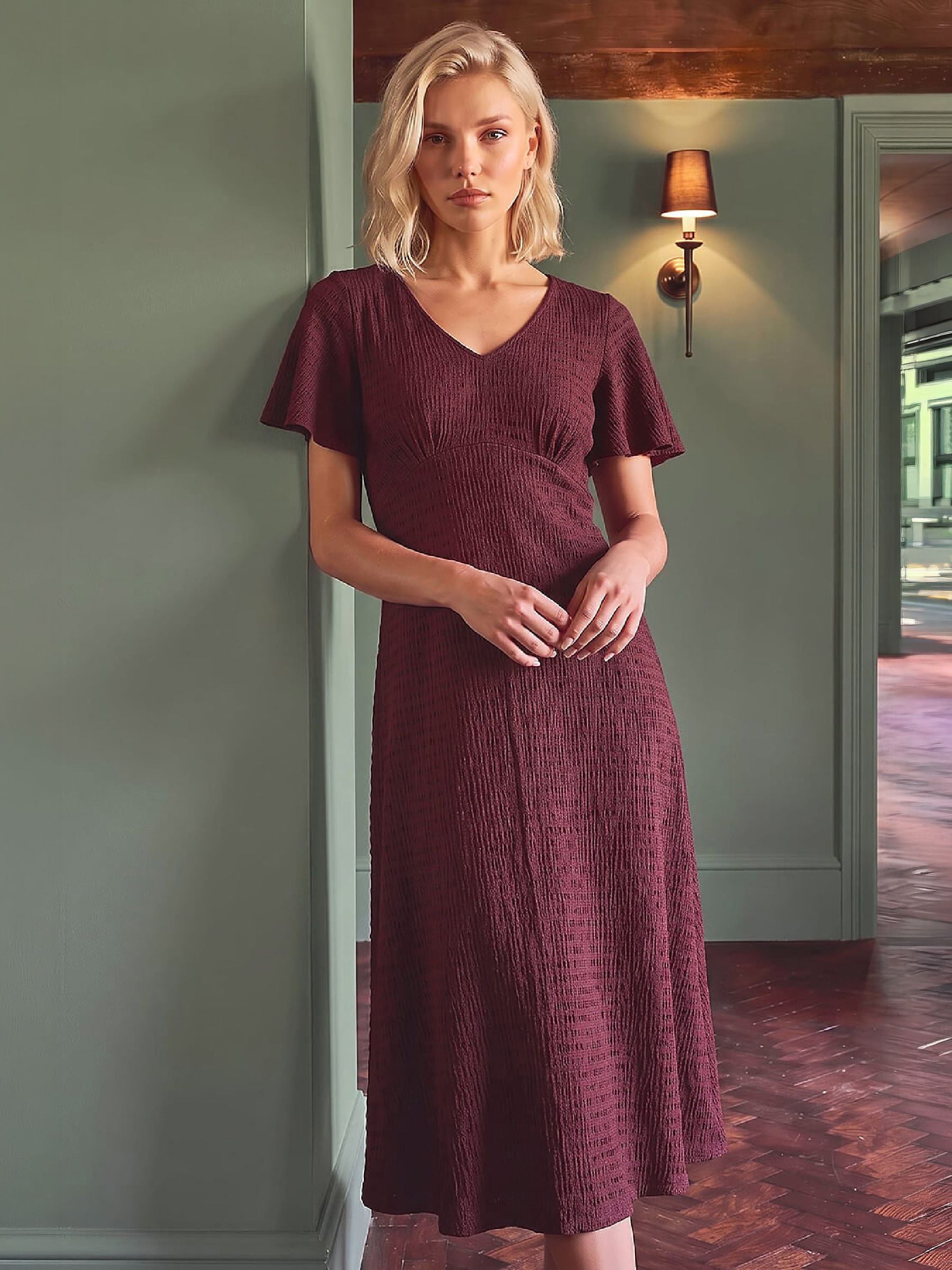 Roman Women's Purple Petite V-Neck Fit & Flare Dress - Image 1