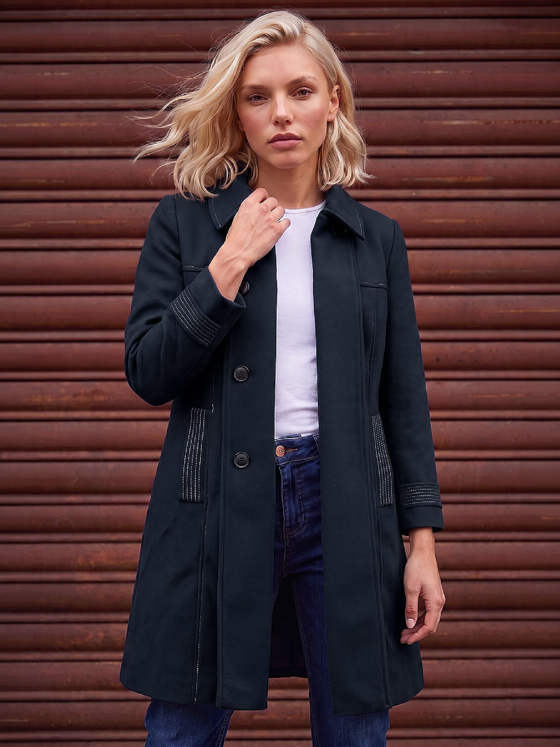 Roman Petite Women's Navy Contrast Double Breasted Coat Size 16 - Image 2