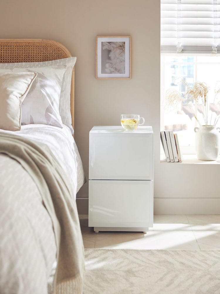White Sloane Glass Collection Luxe 2 Drawer Slim Bedside Table - Image 1 of 4