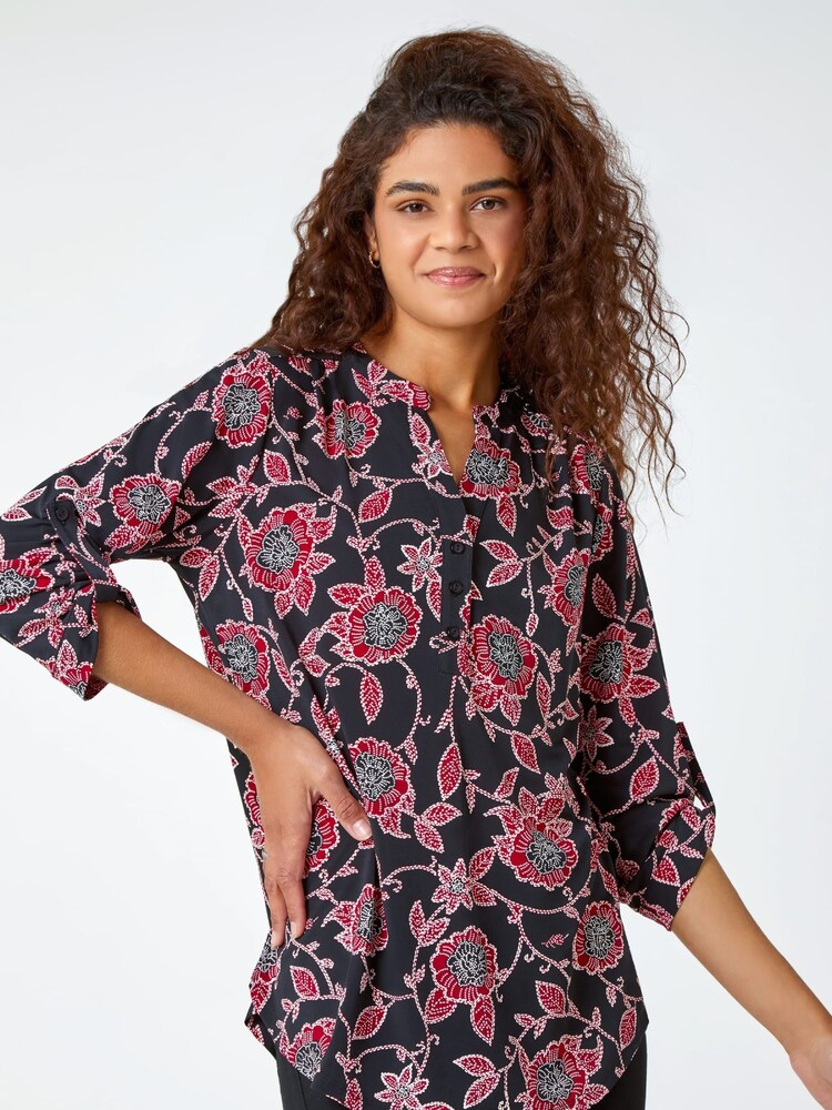 Roman Red Textured Floral Print Stretch Shirt - Image 1 of 5