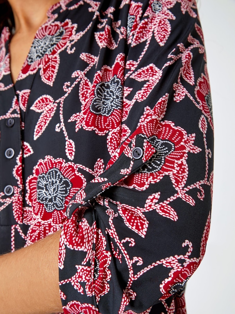Roman Red Textured Floral Print Stretch Shirt - Image 5 of 5