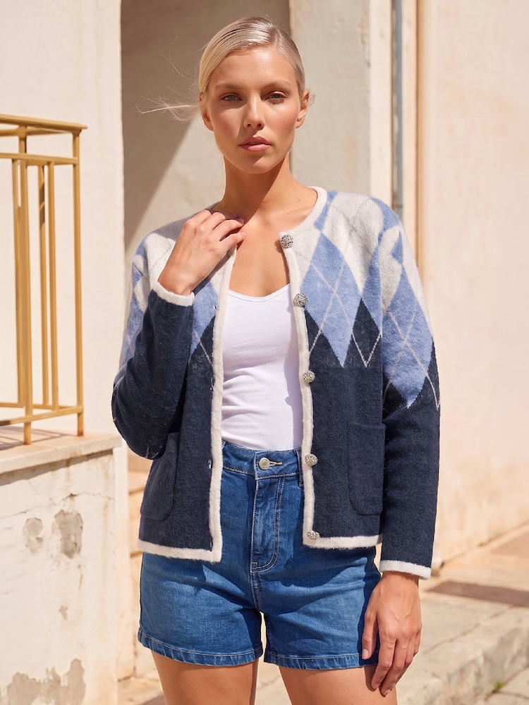 Roman Blue Petite Buttoned Argyle Knit Cardigan - Image 1 of 4