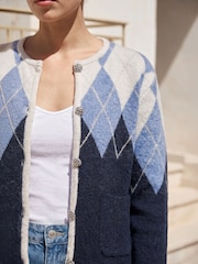 Roman Blue Petite Buttoned Argyle Knit Cardigan - Image 4 of 4
