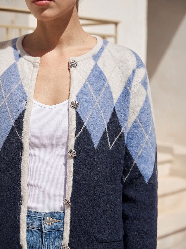Roman Blue Petite Buttoned Argyle Knit Cardigan - Image 4 of 4