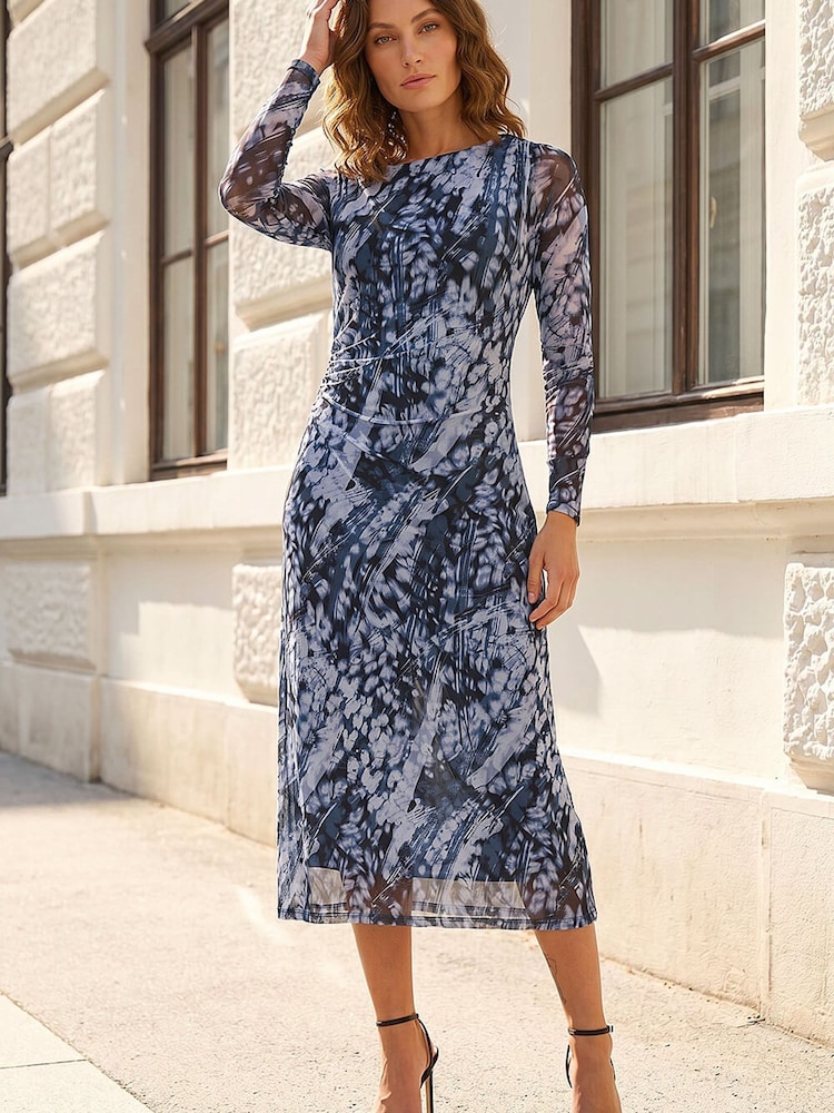 grey mesh dress ASOS DESIGN mesh long sleeve ruched midi dress in gray