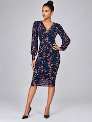 Σκούρο μπλε Floral - Jolie Moi Mesh Bodycon Midi Dress - Εικόνα 3 από 4
