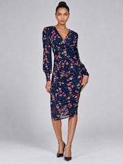 Σκούρο μπλε Floral - Jolie Moi Mesh Bodycon Midi Dress - Εικόνα 4 από 4