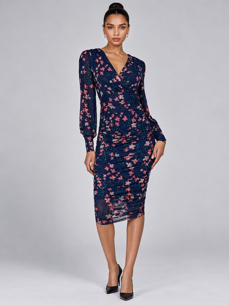 Σκούρο μπλε Floral - Jolie Moi Mesh Bodycon Midi Dress - Εικόνα 4 από 4 Σκούρο μπλε Floral - Jolie Moi Mesh Bodycon Midi Dress - Εικόνα 4 από 4