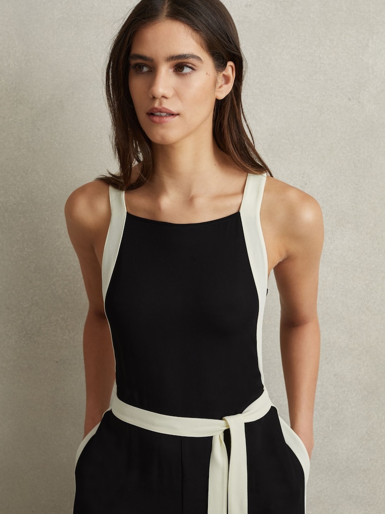 Reiss Black/White Salma Petite Contrast Trim Belted Jumpsuit - Image 1 of 7