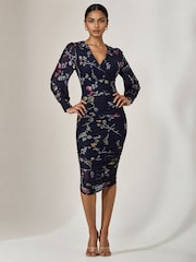 Μπλε Floral - Jolie Moi Mesh Bodycon Midi Dress - Εικόνα 1 από 6