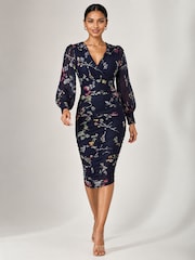 Μπλε Floral - Jolie Moi Mesh Bodycon Midi Dress - Εικόνα 4 από 6