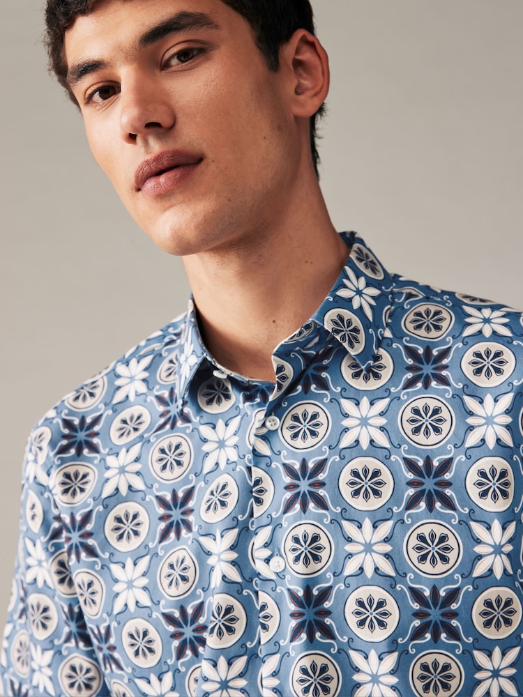Blue Geometric Regular Fit Printed Short Sleeve Shirt - Image 1 of 7