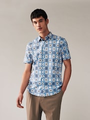 Blue Geometric Regular Fit Printed Short Sleeve Shirt - Image 4 of 7