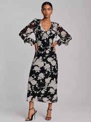 Jolie Moi Black V-Neck Long Sleeve Mesh Midaxi Dress - Image 1 of 4