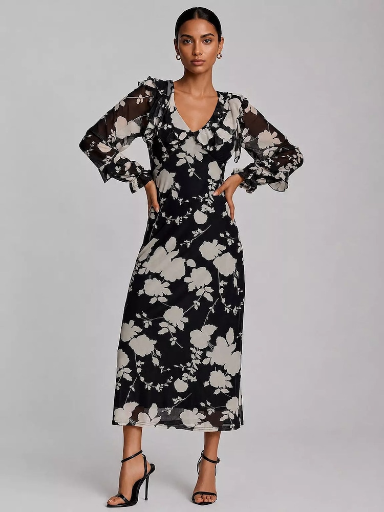 Jolie Moi Black V-Neck Long Sleeve Mesh Midaxi Dress - Image 1 of 4