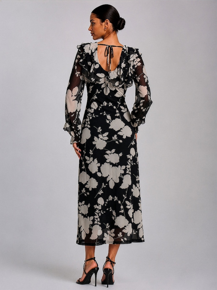 Jolie Moi Black V-Neck Long Sleeve Mesh Midaxi Dress - Image 2 of 4
