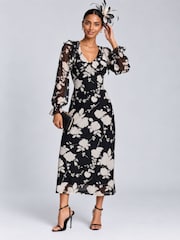 Jolie Moi Black V-Neck Long Sleeve Mesh Midaxi Dress - Image 3 of 4