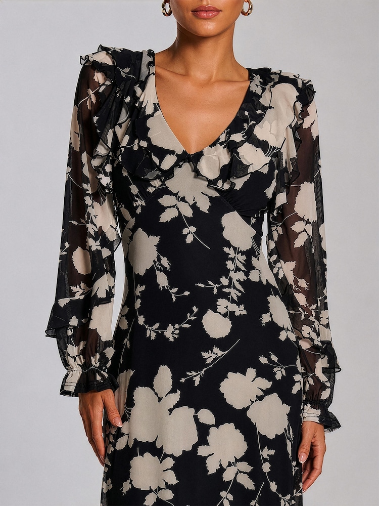 Jolie Moi Black V-Neck Long Sleeve Mesh Midaxi Dress - Image 4 of 4
