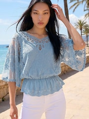 Roman Blue Butterfly Lace Blouse - Image 1 of 4